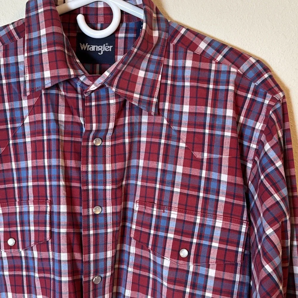Wrangler Wrancher Men's Sz LT Long Sleeve Shirt Red White Plaid Pearl Snaps